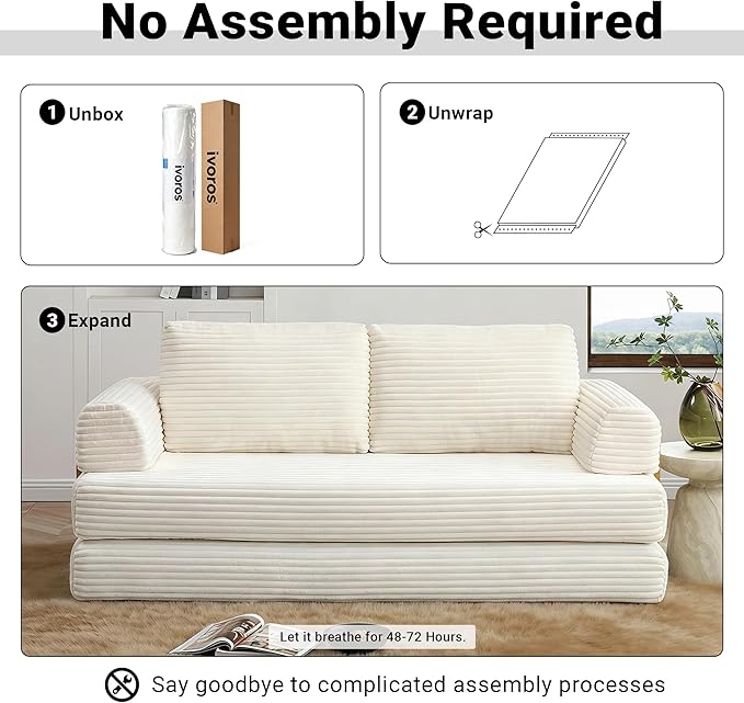 80 Convertible Sofa Bed Modern Corduroy Sleeper Sofa Folding Floor Couch with Golden Fixed-Shape Frame Beige Boneless Loveseat Sofas Bed for Living Room Bedroom No Assembly Needed