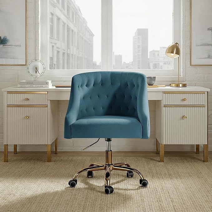 Velvet Office Chair with Gold Base Modern Cute Desk Chair Comfortable Adjustable Swivel Task Chair for Home Office Living Room Bedroom Vanity Study