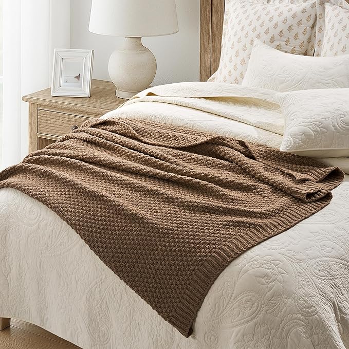 EVERGRACEHOME Chunky Chenille Knit Throw Blanket for Couch Soft Luxurious Moss Stitch Blankets for Bed Cozy Decorative Farmhouse Knitted Throws for Sofa Camel Brown 60 x 80