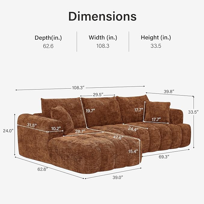108 L-Shaped Sectional Sofa Compressed Boneless Cloud Couch with Left Chaise &amp Pillows Chenille Upholstered 4-Seater Modular Sofa for Living Room No Assembly Sienna Orange
