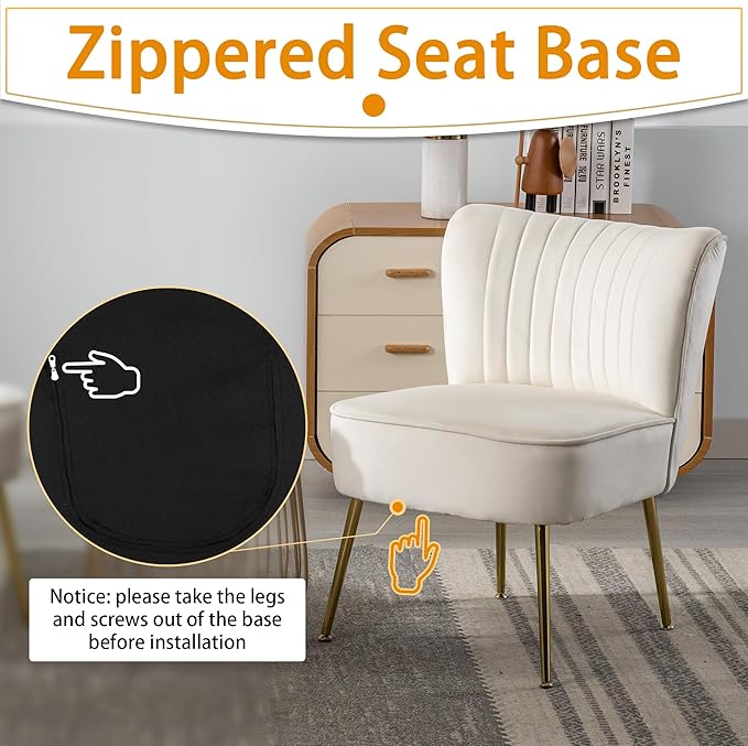 ABET Accent Chairs Set of 2 Velvet Armless Living Room Chairs with Tufted Wingback Thicken Cushion Gold Metal Legs Comfy Upholstered Side Chairs Slipper Chairs Club Chairs for Bedroom Beige