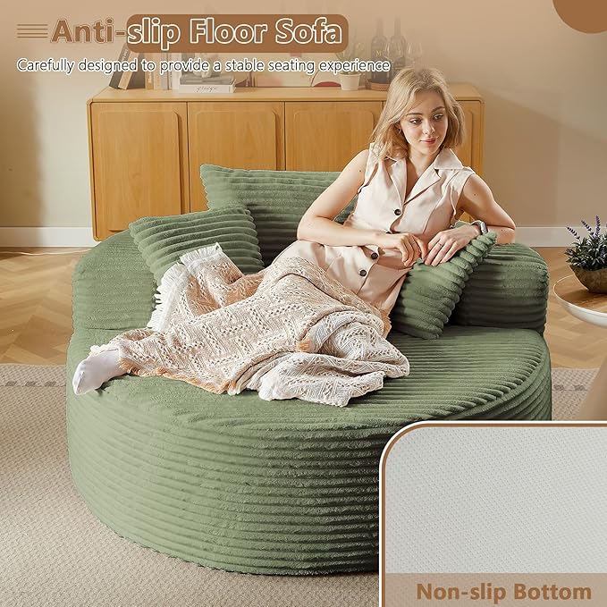 Oversized Round Chair Lounge Chaise Indoor Upholstered Corduroy Deep Seat Cloud Large Circle Sofa Chair No Assembly Required Fluffy Modern Sleeper Sofa Bed for Reading Living Room Bedroom Green
