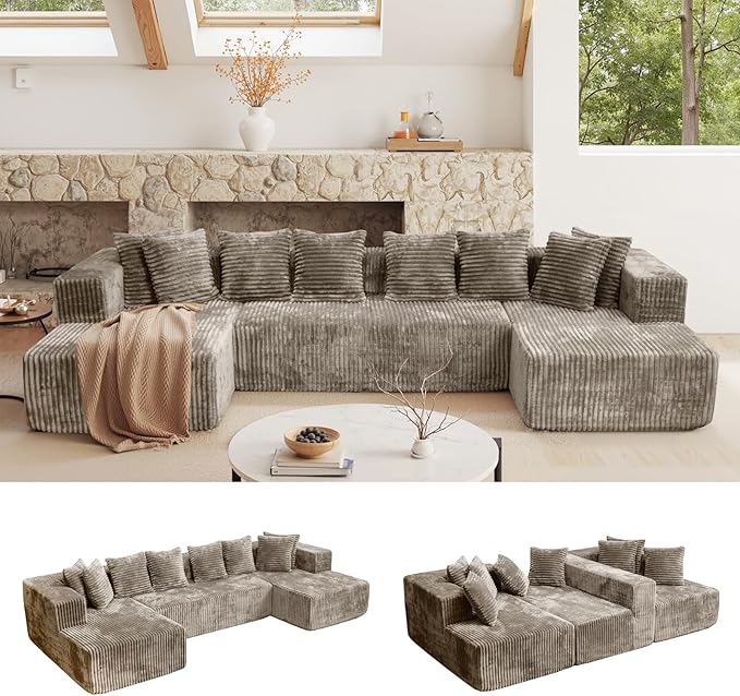 132'' U Shaped Sectional Couches for Living Room Modular Boneless Cloud Sofa with 2 Chaise Lounges 4-in-1 Flexible Combination Layered Foam Cushion Deep Seat Corner Couch No Assembly Light Coffee