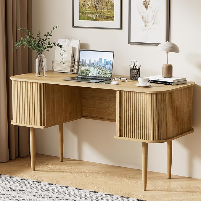 55 Modern Writing Desk with Sliding Doors Wood Home Office Desk with Storage Computer Desk for Study Living Room Dorm Natural