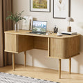 55 Modern Writing Desk with Sliding Doors Wood Home Office Desk with Storage Computer Desk for Study Living Room Dorm Natural