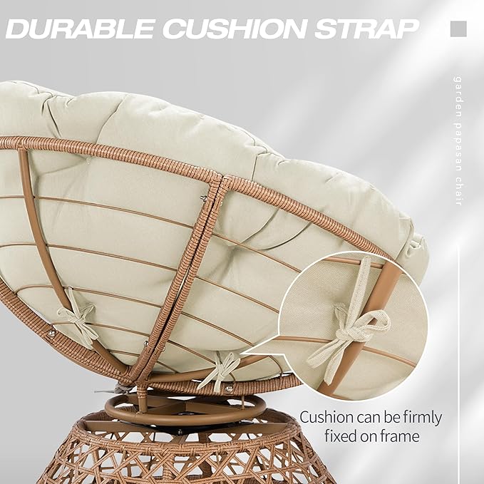 38'' 360 Degree Swivel Wicker Papasan Chair with Cushion and Base - Thickened Rattan Swivel Papasan Chair with Soft Cushion and Durable Frame Oversized Reading Chair for Living Room Beige