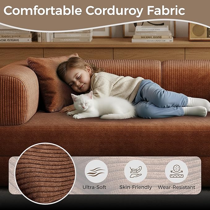 78.5'' Convertible Folding Sofa Bed – 4-in-1 Modular Floor Couch Corduroy Small Cloud Couch Compressed Foldable Sleeper Sofa King Size Futon for Bedroom Guest Room (Brown-02)