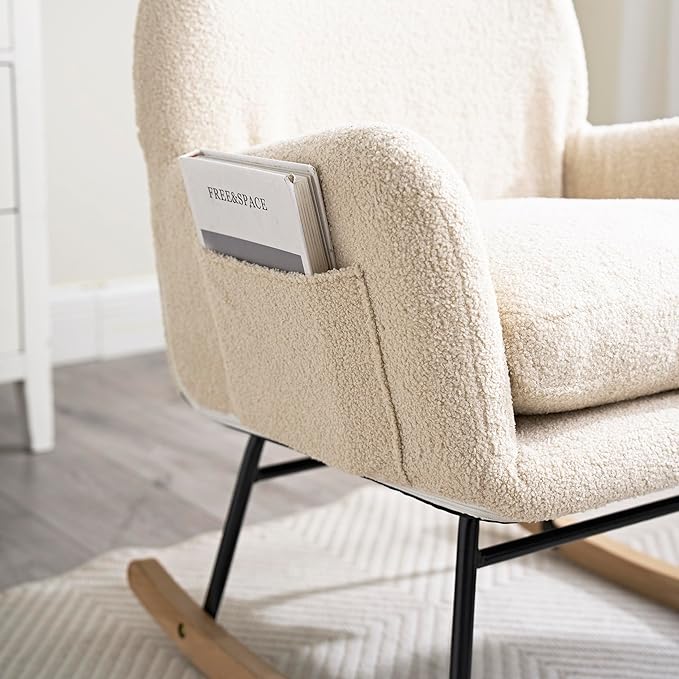 Modern Rocking Chair with High BackrestTeddy Material Comfort Arm Rocker Lounge Armchair for Living Room