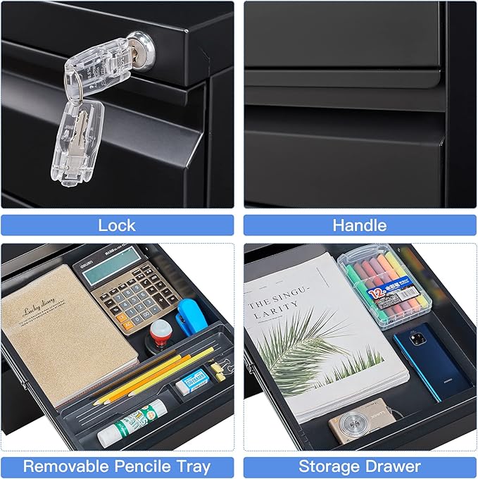 Yizosh 3 Drawer Mobile File Cabinet with Lock Black Under Desk Rolling Filing Cabinet Metal Locking File Cabinet on Wheels for Legal/Letter/A4 File (Required Assemble)