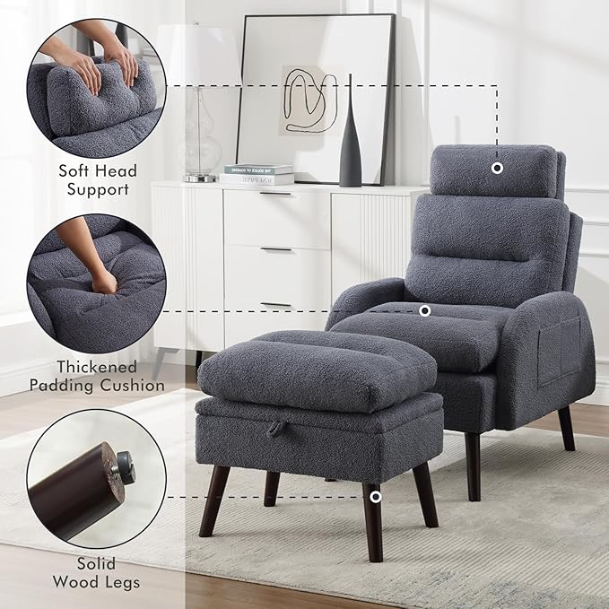 Accent Chair with Ottoman Comfy Reading Chair with Ottoman Set Modern Oversized Velvet Lounge Armchair with Adjustable Backrest for Living Room Bedroom (Teddy Blue Grey)