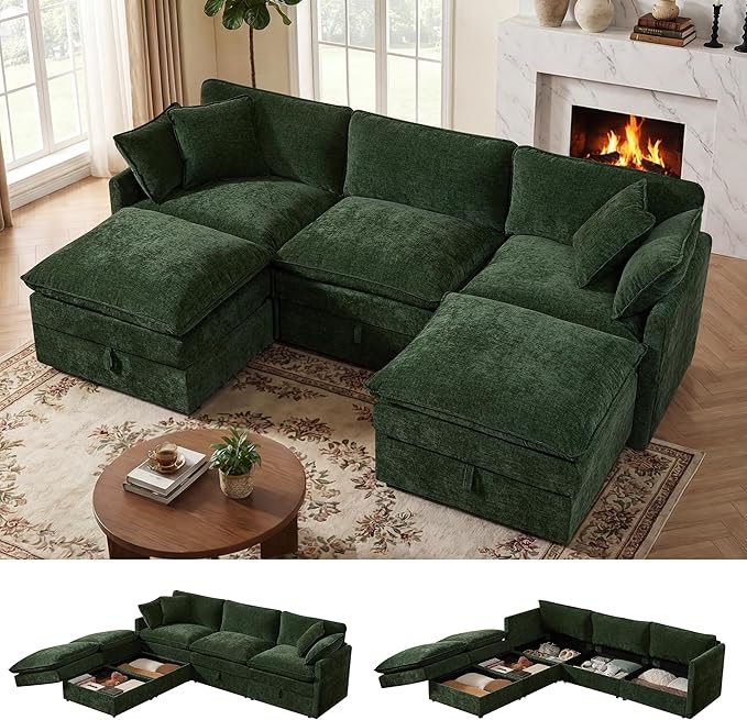 WorthFurni Modular Sectional Sofa with Storage Ottomans102 U-Shaped Cloud CouchComfy Modern Couches with Pillows &amp Upholstered Deep Seat Cushion for Apartment Living Room Bedroom（Green）