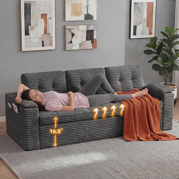 83 Boneless Couch 3 Seater Cloud Corduroy Sofa in a Box with Deep Tufted Cushions Zero Assembly Removable Washable Cover Family-Friendly Living Room Couch Dark Grey