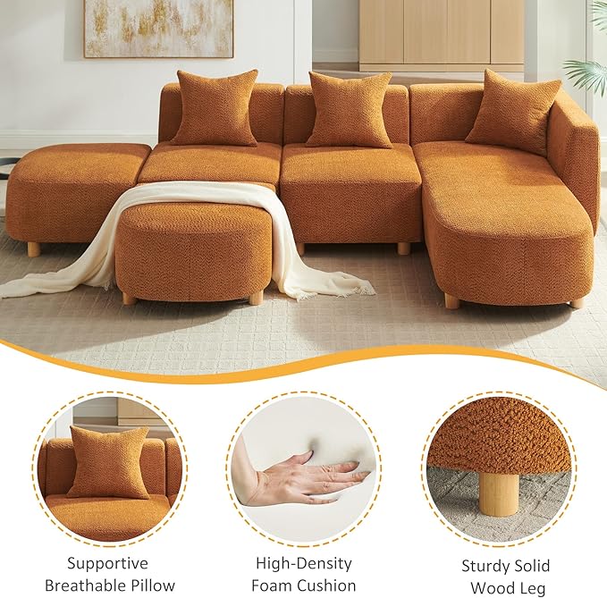 VANOMi 109.84 Modular Sectional Sofa with 3 Pillows Convertible 5-Seater Comfy Boucle Cloud Couch with Ottoman Modern Sectional Sofas for Living Room Office Apartment (Curry)