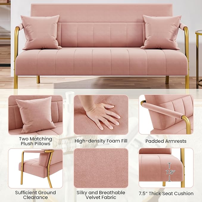 Yaheetech 56.5 W Modern Sofa Small Sofa Luxurious Velvet Fabric Couch with Gold-Tone Metal Arms and Legs for Living Room Home Office Studio Pink