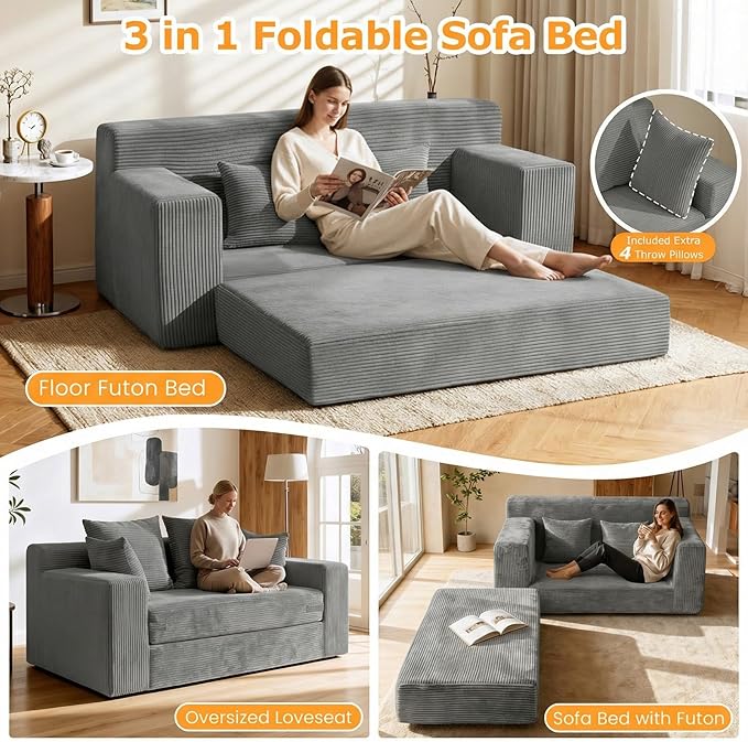 Winzon Boneless Loveseat 3 in 1 Convertible Sofa Bed Sleeper Sofa Floor Futon Bed with 4 Pillows 55 Grey Boneless Couch for Living Room Guest Room Small Space No Assembly Required Corduroy