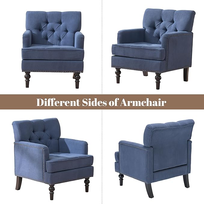 Tufted Corduroy Armchair with Nailhead TrimMid Century Modern Fabric Upholstered Accent Side Chair for Living Room Bedroom26.4 Arm Chair with Solid Wood LegsReading Club Chair (1 Blue)