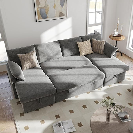 Real Relax 104'' Sofa Bed U Shaped Chenille Sleeper Sofa Couch with Pull Out Bed and Chaise Storage for Living Room Apartment and Office Dark Gray