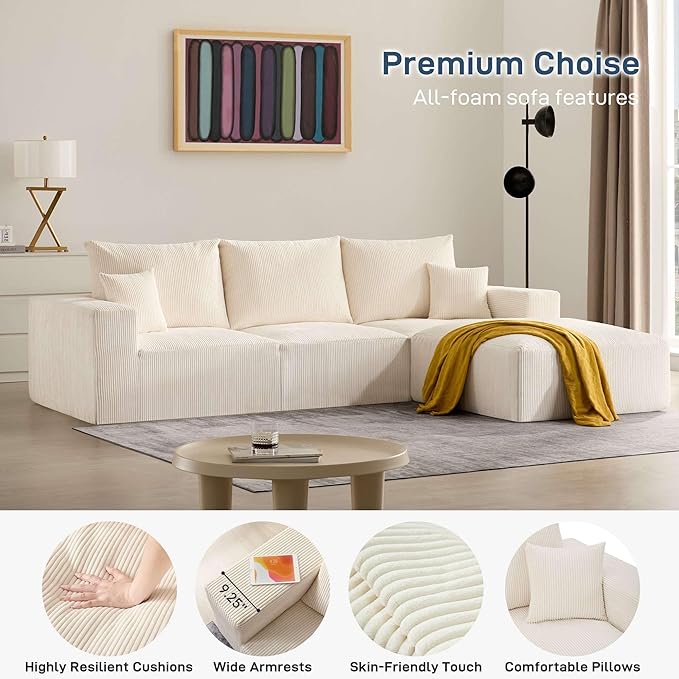 Modern Sleeper Sofa Couches for Living Room-113 Beige 3 Seater Boneless Cloud Couch-No Assembly Required Modular Corduroy Convertible Full Sponge Compression Sofas for House Apartment