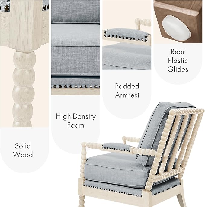 Madison Park Accent Chairs for Living Room Farmhouse Modern Armchair Solid Wood Antiqued Finish Upholstered Seat Removable Bedroom Lounge for Reading 25.5 W Light Blue/Antique Cream