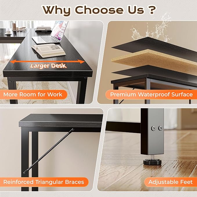 Huuger 63 Inch L Shaped Desk with 0.95 Inch Thicker Desktop Reversible Computer Larger Corner Office Gaming Desk Robust Metal Frame for Home Office Study Black