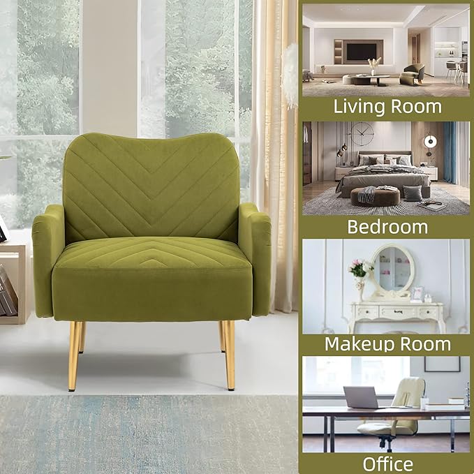 Velvet Accent Chair Comfy Upholstered Living Room Arm Chair Single Reading Sofa Chairs for Bedroom Office Small Spaces Waiting Room Furniture (Olive Chair)