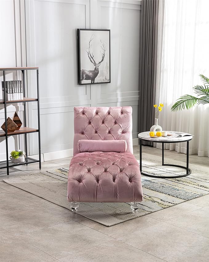 Leisure Velvet Concubine Sofa Accent Sofa Chaise Reclining Lounger Barrel Sofa with Acrylic Feet (Pink)
