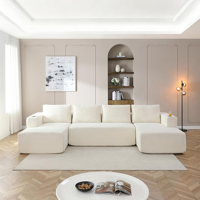 132-Inch U-Shaped Cloud Sectional Couch Symmetrical Modular Compressed Boneless Sectional Sofa with Chaise Lounges Plush Corduroy Boneless Corner Sofa W/Cupholders