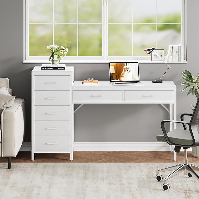 Computer Desk with Reversible Drawer 55 inch Home Office Desks with 7 Drawers Modern Compact Study Writing Table Workstation with Storage for Small Spaces All White