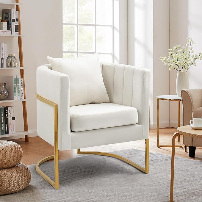 Velvet Modern Living Room Accent Chairs Set of 2 Upholstered Mid-Century Barrel Chairs for Bedroom Side Club Reception Chairs with Gold Metal Legs White