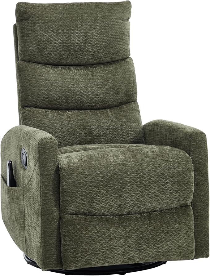 PELUMY 360° Swivel Rocker Recliner with Heat &amp Vibration Massage Glider Rocking Chair for Adults Compact Recliner for Living Room Small Spaces Nursery Bedroom (Chenille Green)