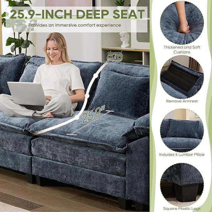 IPKIG 154 Modular Sectional Sofa Cloud Couch Chenille Large U-Shaped Couch Comfy Upholstered 4-Seat Sofa with 2 Ottoman 4 Lumbar Pillow Deep Seat Sofa for Living Room (Blue)