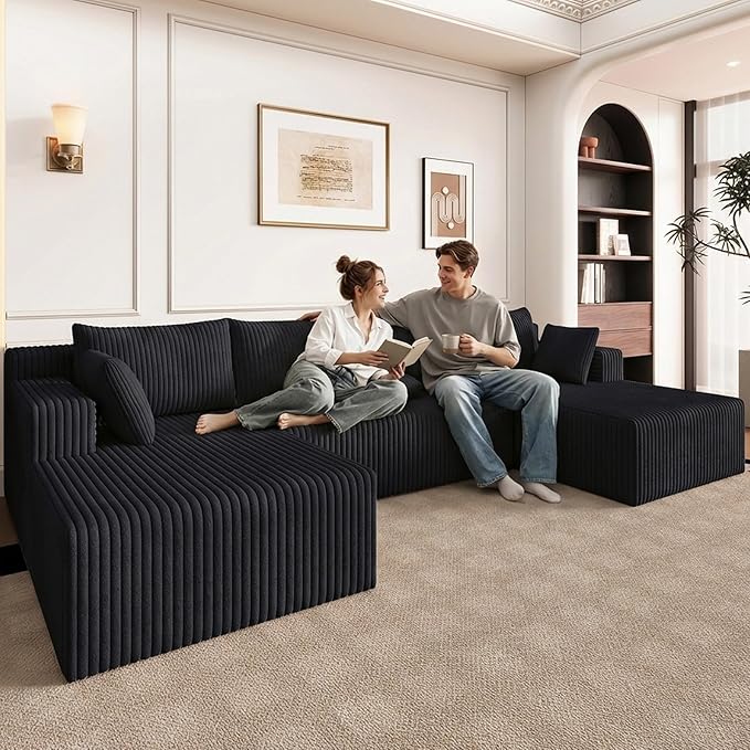 123 Cloud Modular Sectional Couch U-Shaped with Two Chaise Corduroy Boneless Couch for Living Room Bedroom Deep-Seat Upholstered Modular Cloud Sofa No Assembly Required Black