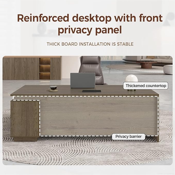 L-Shaped Executive Workstation with Lockable Drawers 63” Large Office Furniture with Storage Cabinet &amp Cable Management Reversible Home Office Setup (Walnut 63”×32”×30”)