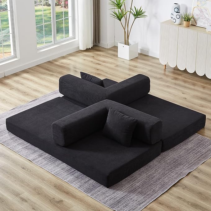 Convertible Sleeper Sofa Bed with All High-density Foam No Assembly Foldable Sleeper Couch Folding Floor Boneless Mattress Lounge Couch for Living Room Bedroom Apartment Office Orange All Foam