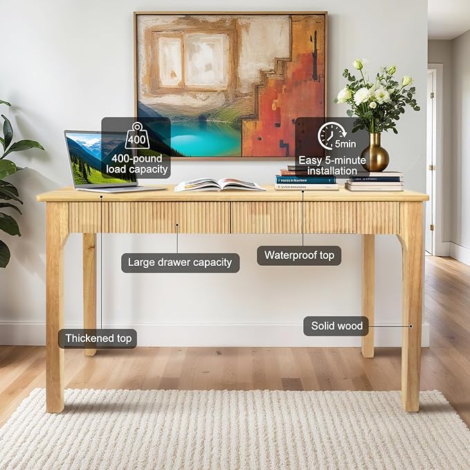 47.2'' Solid Wood Desk with 2 Drawers Mid Century Modern Home Writing Office Wooden DeskVintage Computer Table with Storage for Living Room Bedroom Fluted Design (Natural 47.2 Inch)
