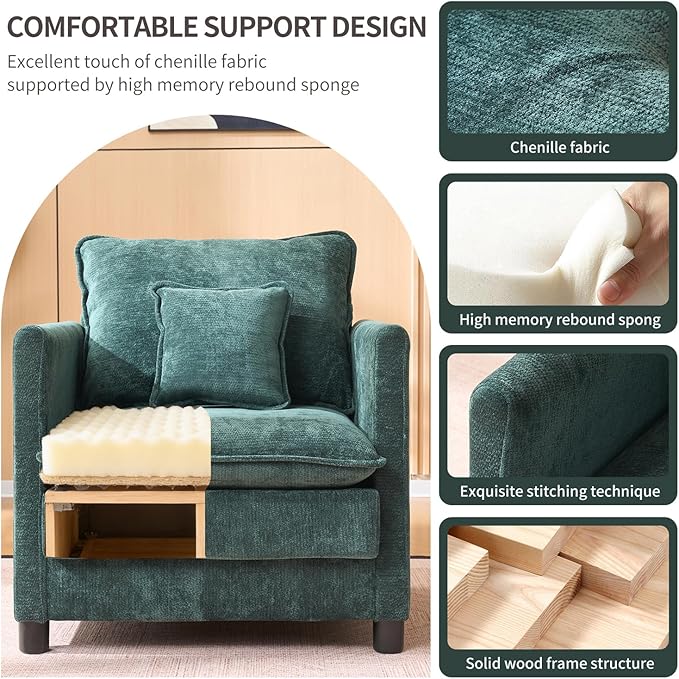 Modern Living Room Accent Chair Comfy Reading Armchair Oversized Chenille Upholstered Single Sofa Chair with Pillow for Bedroom Office Apartment Home Theater Indoor (Dark Green)