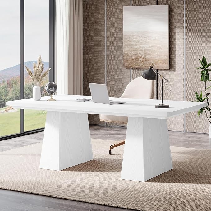 Tribesigns 63-Inch Executive Desk Large Office Computer Desk with Double Pedestal Modern Simple Workstations Writing Table Conference Table Business Furniture for Home Office White