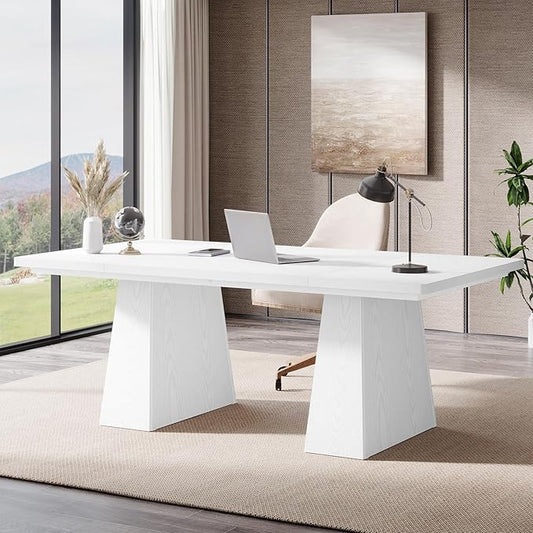 Tribesigns 63-Inch Executive Desk Large Office Computer Desk with Double Pedestal Modern Simple Workstations Writing Table Conference Table Business Furniture for Home Office White