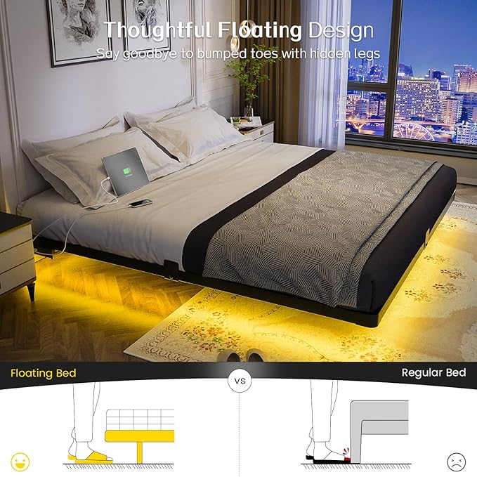 OLEVS King Size Floating Bed Frame Metal Platform with LED Light and Charging Station No Box Spring Needed Noise-Free Easy Assembly