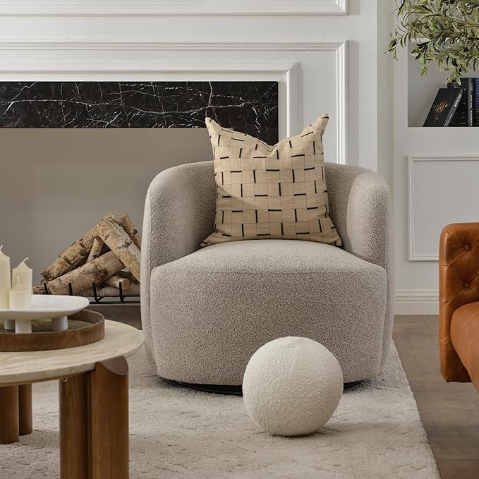 KINWELL 34 Wide Boucle Swivel Barrel Chair No Assembly Round Upholstered Armchair Accent Chair Single Sofa Chair with Toss Pillow for Living Room and Bedroom Taupe