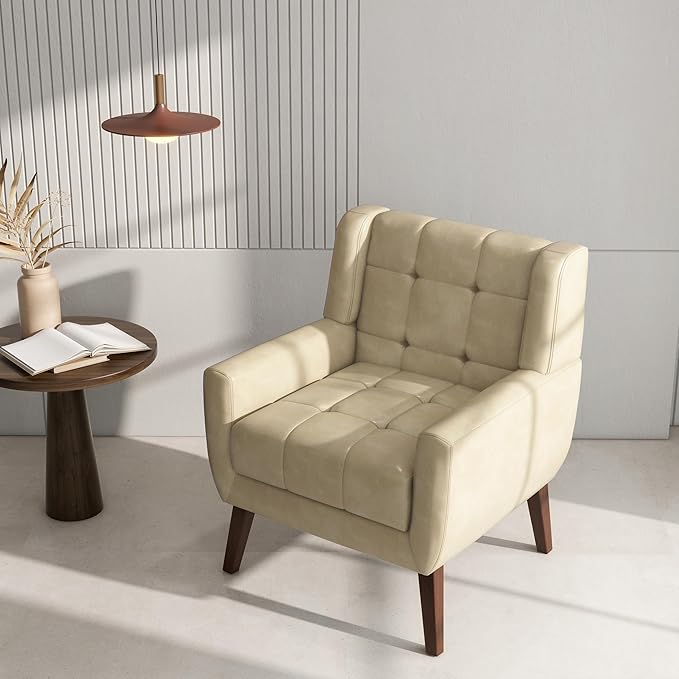 Accent Chair Comfy Mid Century Modern Small Armchairs with Solid Wood Frame and Soft Cushion for Living Room Bedroom (Faux Leather Cream Set of 1)