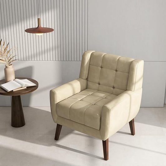Accent Chair Comfy Mid Century Modern Small Armchairs with Solid Wood Frame and Soft Cushion for Living Room Bedroom (Faux Leather Cream Set of 1)