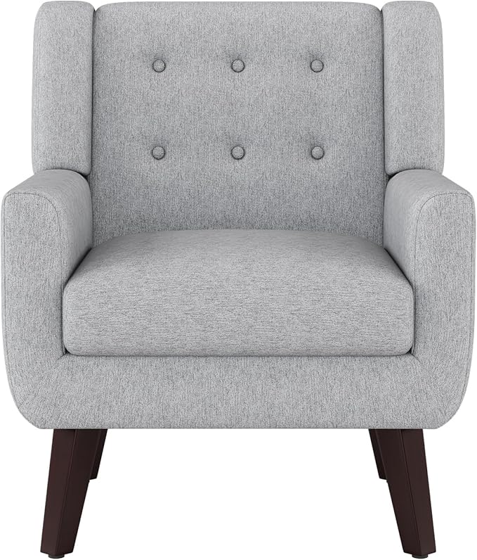 Accent Chairs Mid-Century Modern Upholstered Living Room Armchair Comfy Oversized Linen Fabric Single Reading Arm Chair with Tufted Back and Wood Legs for Bedroom Club (1 Light Grey)