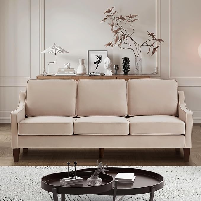 Modern 3 Seat Sofa Velvet Upholstered Cloud Couch with Extra Deep Seat Thick Removable Cushion &amp Wooden Legs Comfy Couches for Living Room Bedroom Small Space Taupe