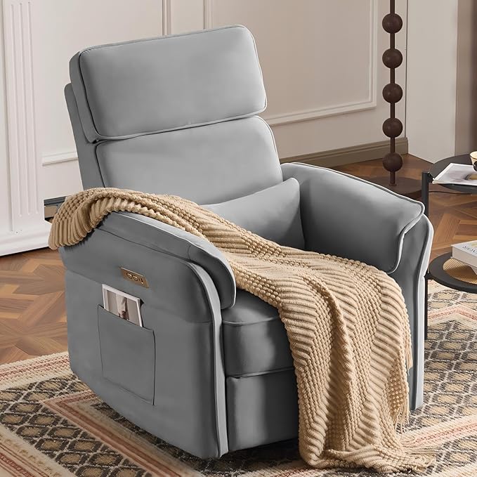 MELLCOM Power Recliner Rocking Chair Nursery Gliders with Adjustable Armrests and Headrest Swivel Electric Glider Reclining Nursing Chair with USB Port and Storage Bags FSC Certified
