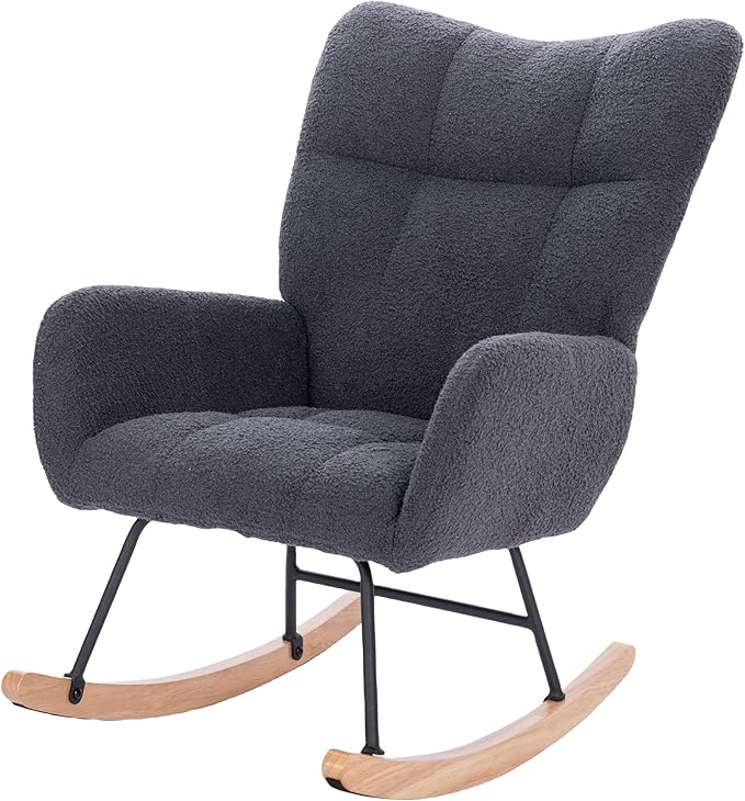 Upholstered Nursery Rocking Chair for Living Room BedroomDark Grey Teddy