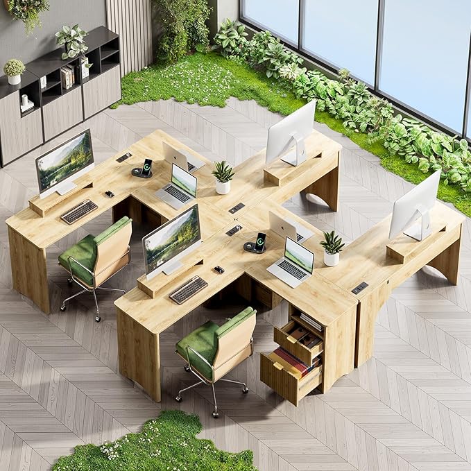 Bestier L Shaped Desk with Lift Desktop 55 inch Corner Desk with Fluted Panel Deisgn Drawers Modern Office Desk with File Drawer (Natual Oak 55'' x 55'' Lift Top)
