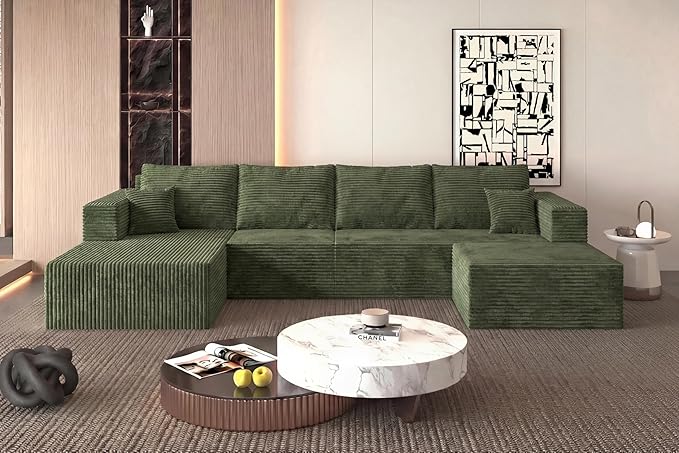 118 Modular Sectional Sofa with Chaise and Ottoman Oversized U-Shaped Corduroy Cloud Couch Deep Seat Boneless Couch for Living Room No-Assembly - Green (Left Facing Chaise)