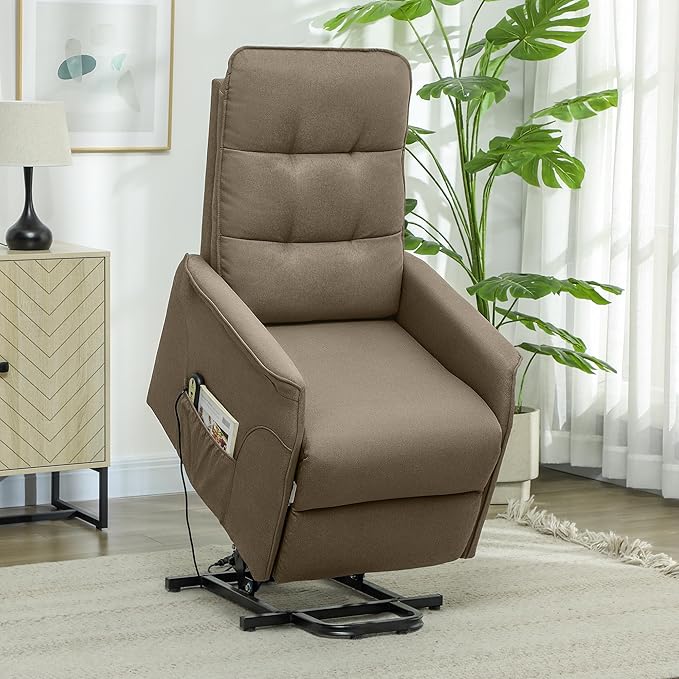 HOMCOM Power Lift Recliner Chair for Elderly Fabric Lift Chair Sofa with Remote Control Side Pockets Pocket Spring Tufted Back Quick Assembly Brown
