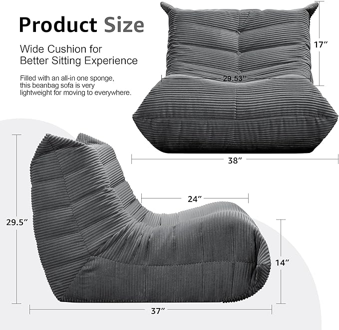 Bean Bag Chairs for Adults Giant Bean Bag Chair Memory Foam BeanBag Chair Bean Bag Sofa with Filler Faux Fur Fireside Beanbags Lazy Sofa for Living Room Bedroom Office (Grey Corduroy Single)
